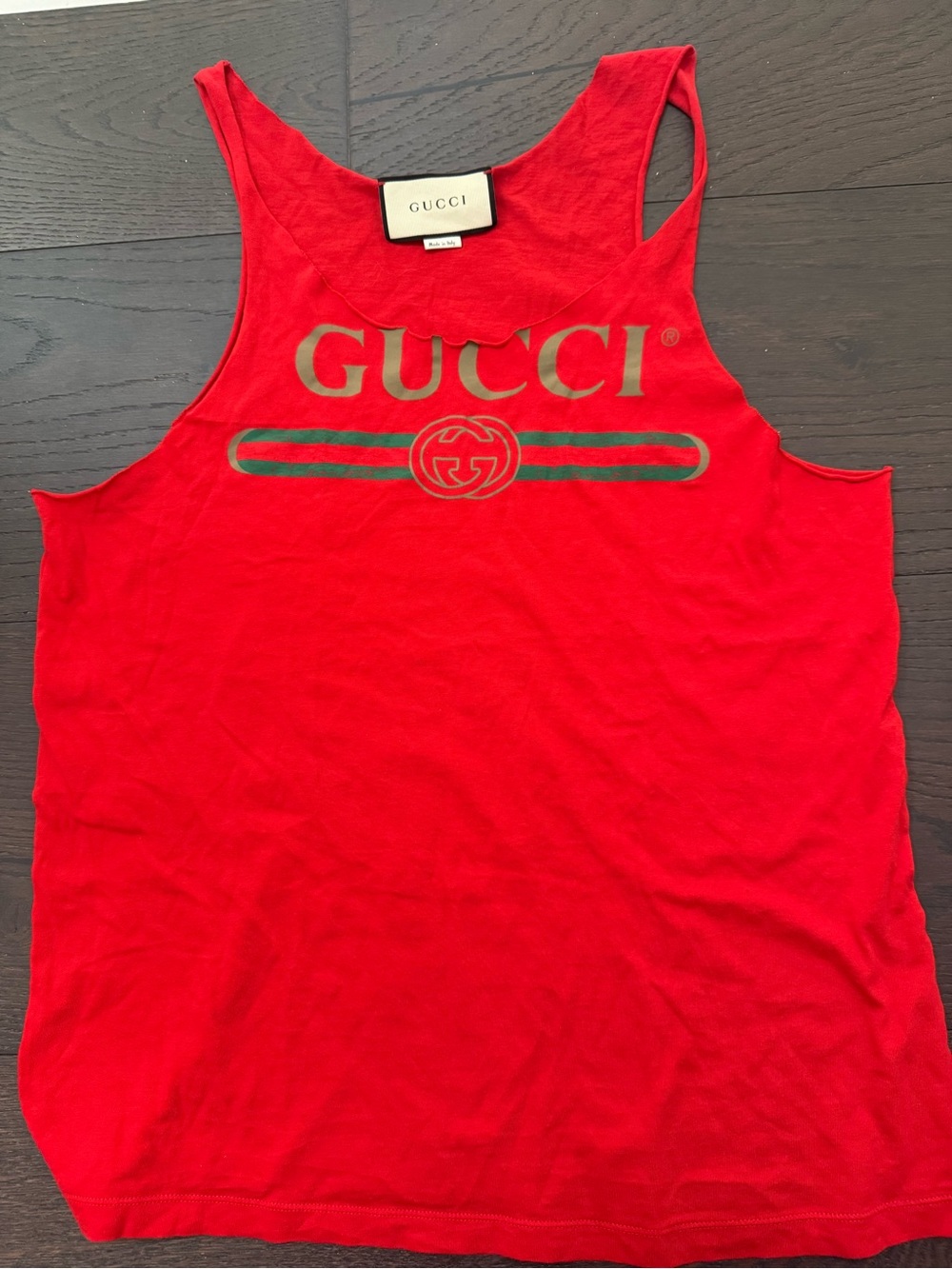 Gucci Red Sleeveless Logo Tank with Green Stripe